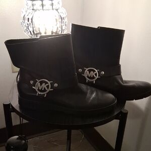 Michael Kors Black Leather Boots with Silver Accents New Moto Style